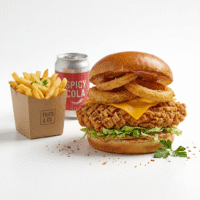 Chicken Fillet Burger with Cheese & Onion Ring | Fries & Drink